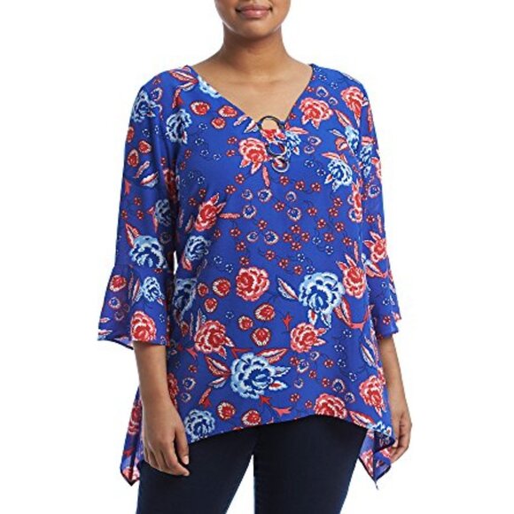 Relativity Plus Size Blue & Red Floral Shirt with 3/4 Bell Sleeves - 2X - Picture 1 of 3